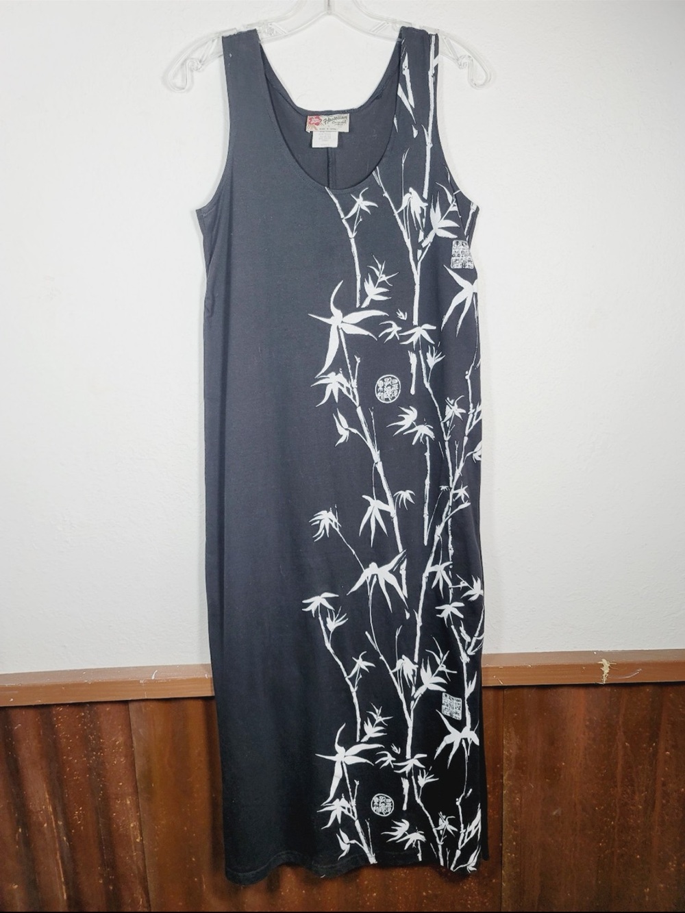 Hawaiian Original Sleeveless Black Bamboo Print Maxi Dress, Size Small